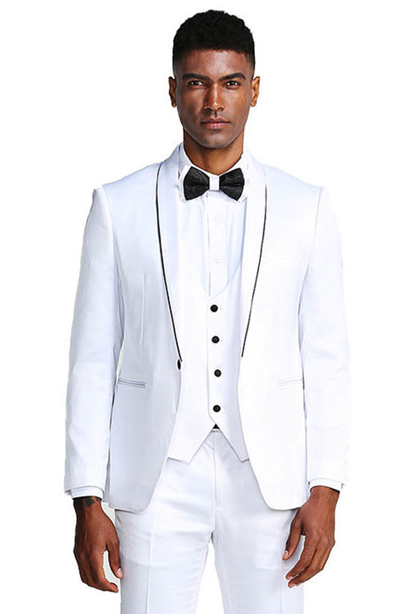White Men's Slim Fit Satin Tuxedo Suit - Vested Prom & Wedding Attire