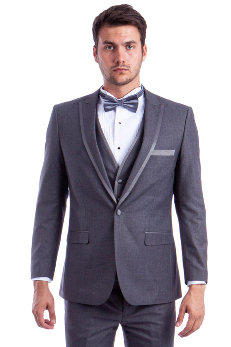 "Grey Men's Wedding Tuxedo - One Button Peak with Satin Trim"