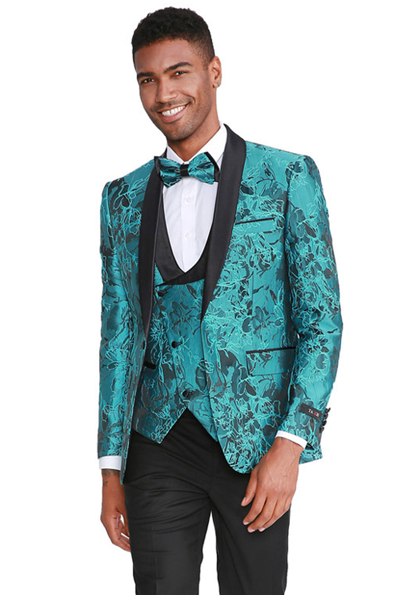 Turquoise Men's Slim Fit Prom Tuxedo with Paisley Shawl Lapel