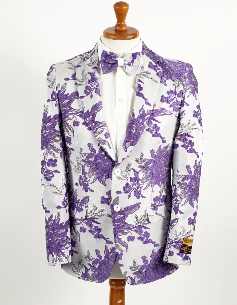 Mens 2 Button White & Lavender Purple Floral Paisley Prom and Wedding Blazer - For Men  Fashion Perfect For Wedding or Prom or Business  or Church