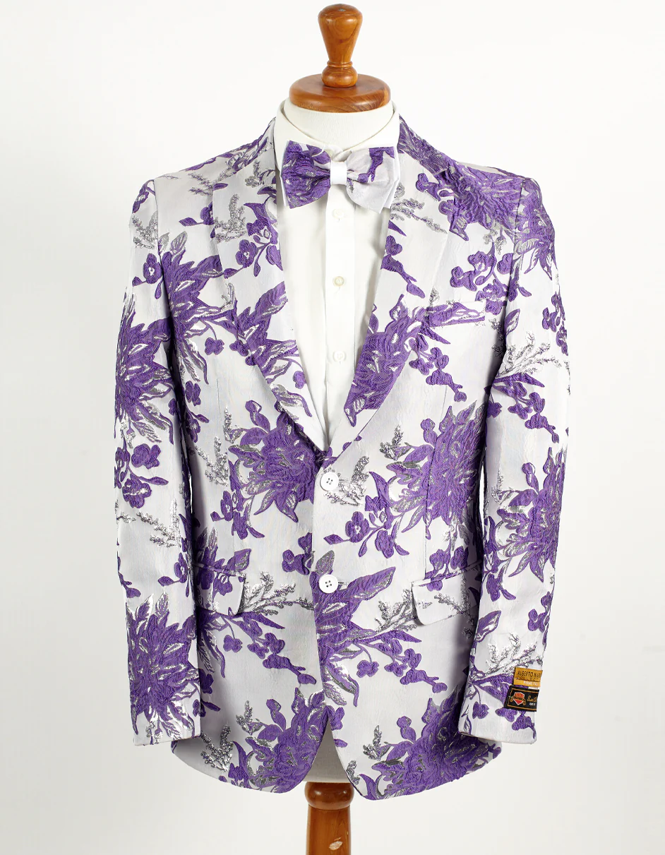 Mens 2 Button White & Lavender Purple Floral Paisley Prom 2025 and Wedding Blazer - For Men Fashion Perfect For Wedding or Prom 2025 or Business or Church - XS