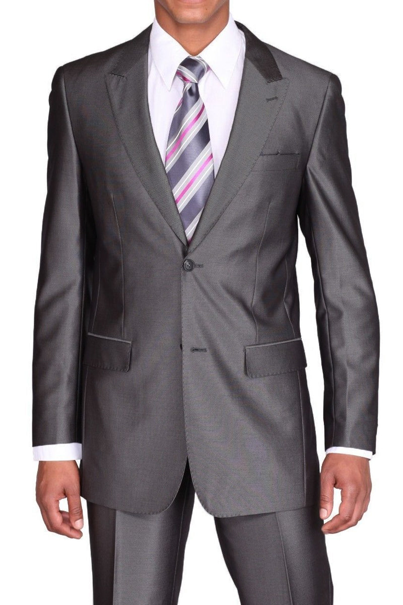 38 "Charcoal Grey Sharkskin Suit - Slim Fit, 2 Button, Peak Lapel for Men"