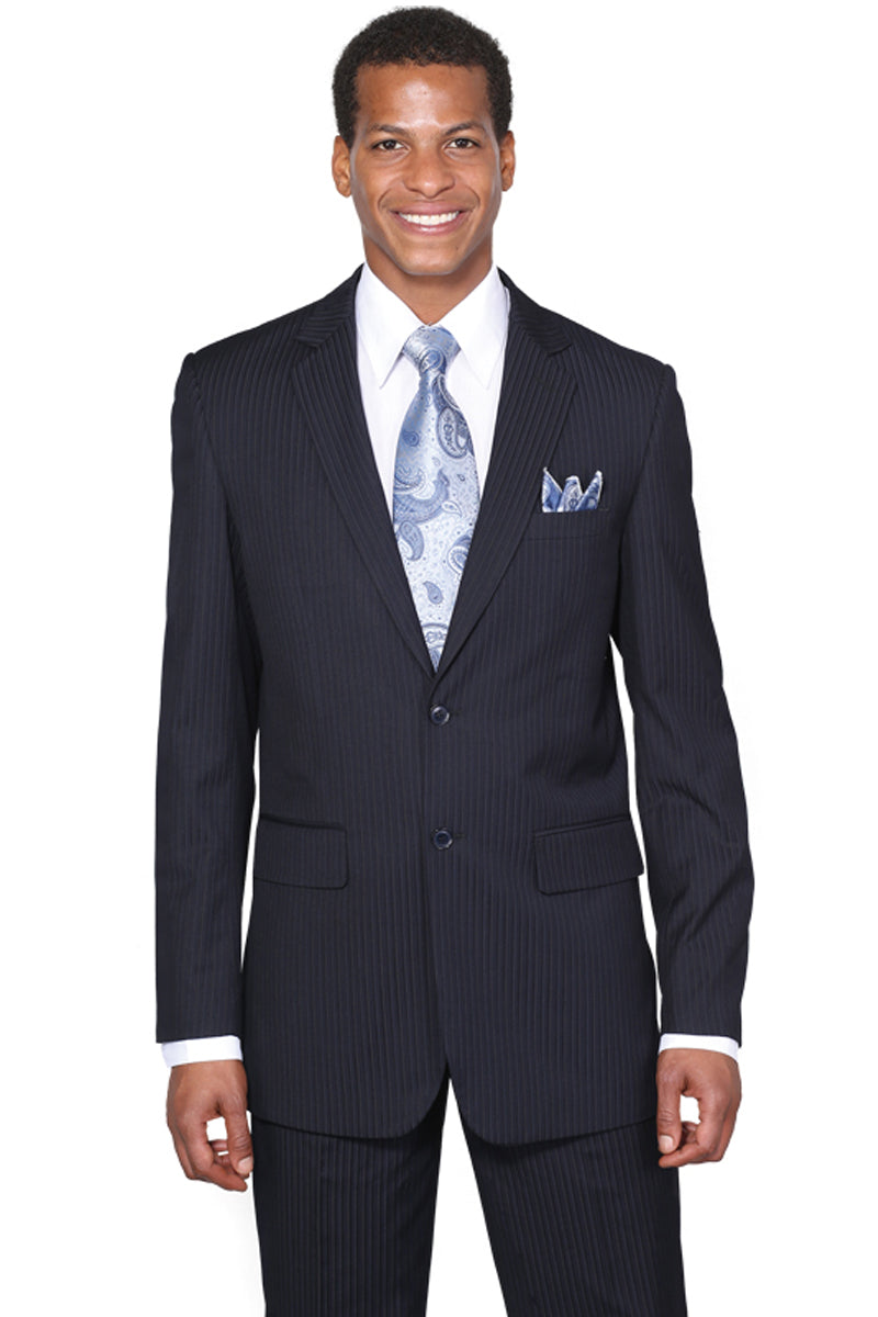 "Modern Fit Men's Business Suit - Navy Blue, 2-Button Pinstripe Design"