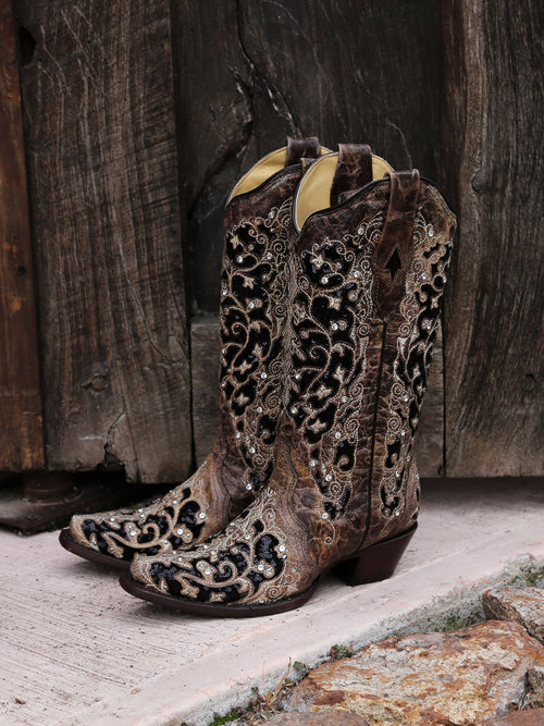 Corral Women's Black Glitter Inlay Crystal Snip Toe Cowboy Boots