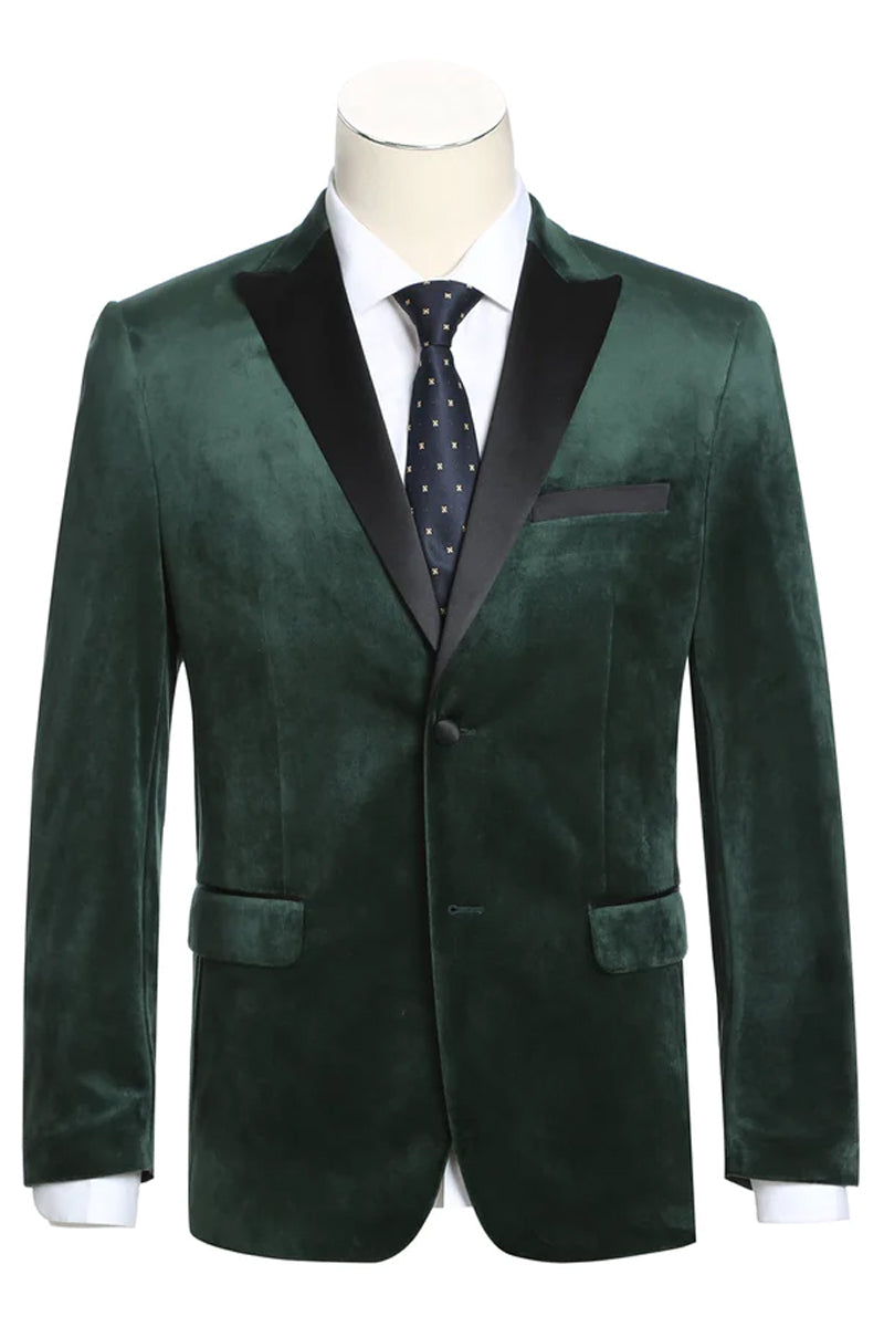 "Velvet Prom Tuxedo Blazer, Men's Two-Button Peak Lapel in Hunter Green"