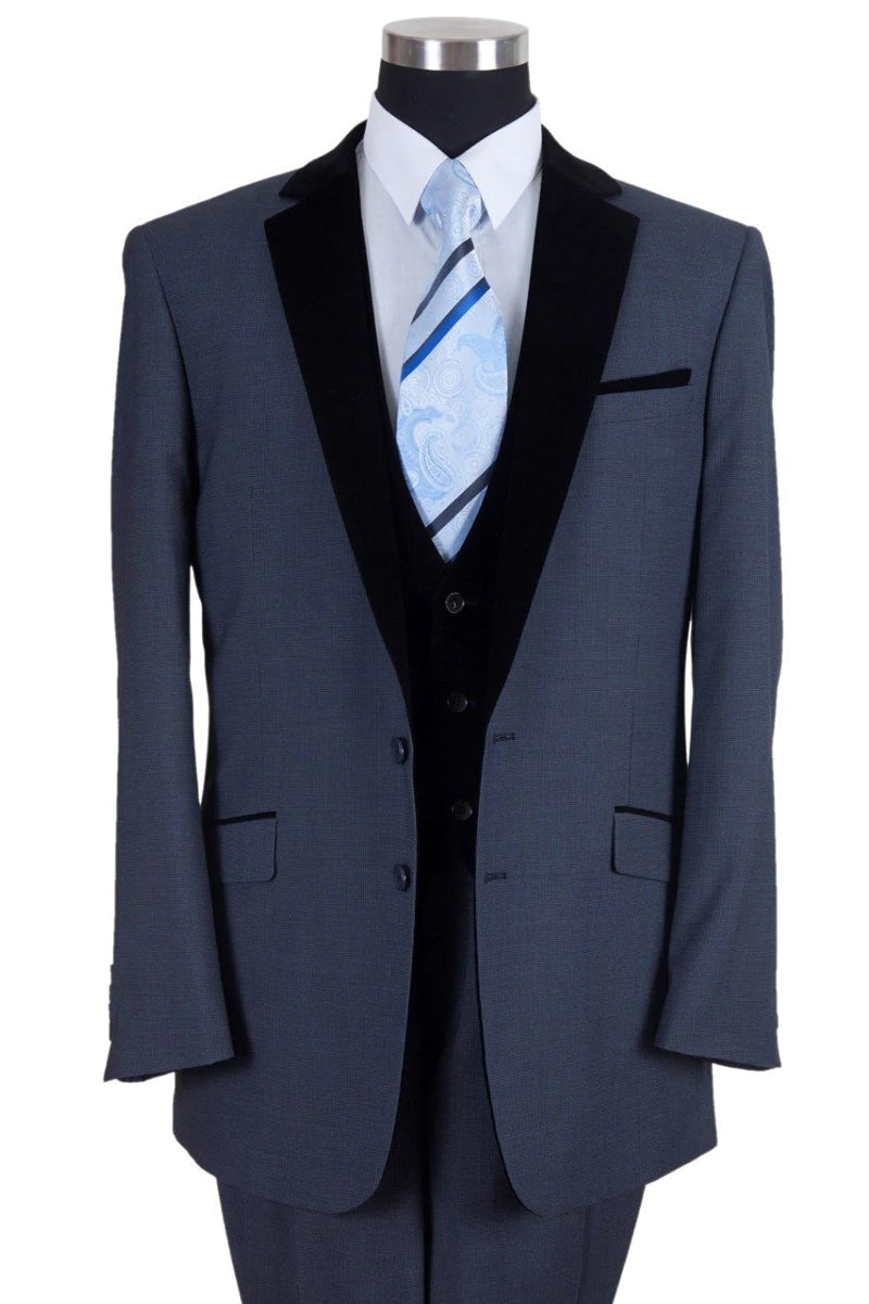 "Modern Fit Navy Blue Men's Tuxedo Suit with Black Velvet Lapel & Vest"