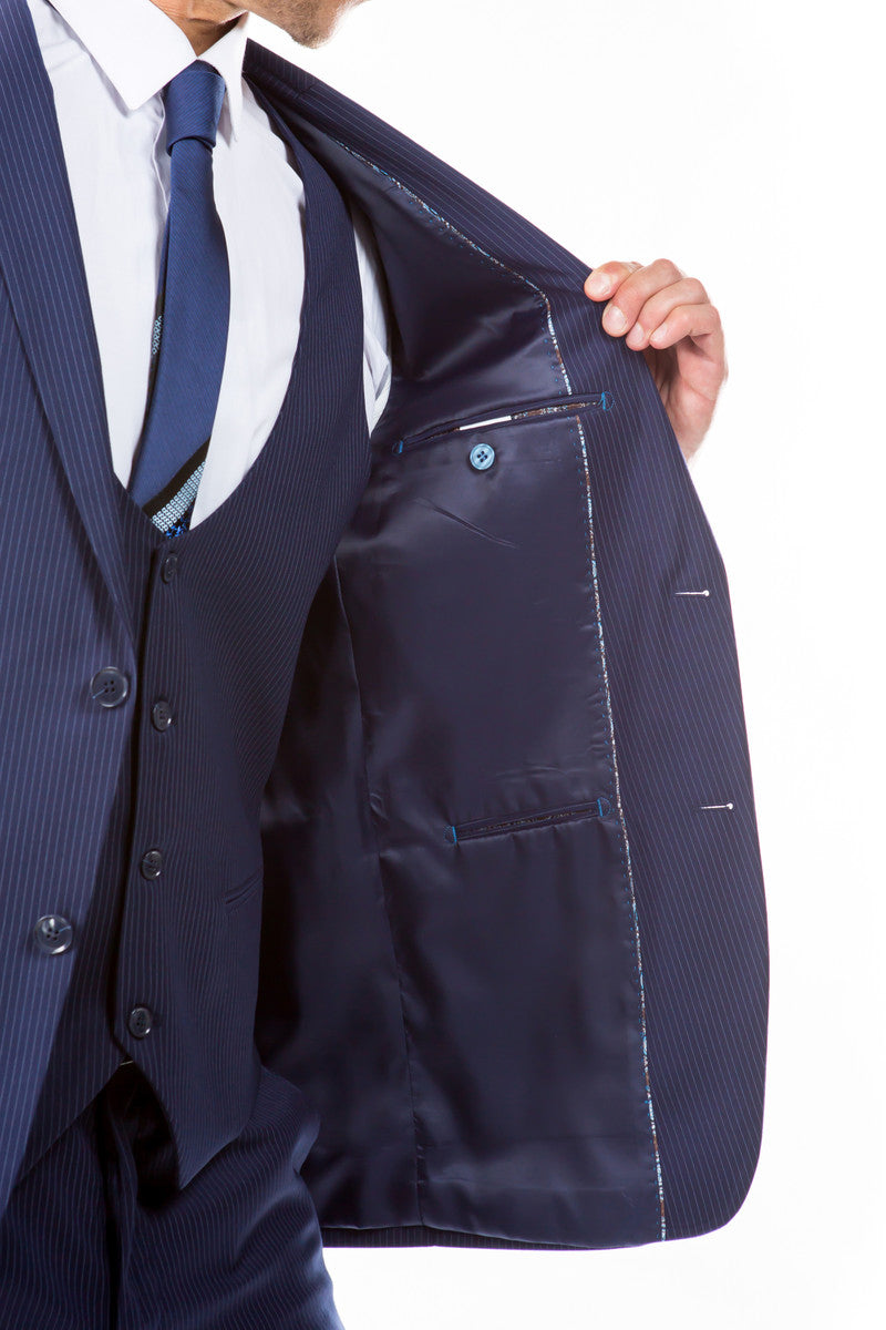 "Men's Hybrid Fit Pinstripe Business Suit - Two Button Vested, Navy Blue" - 34 Short