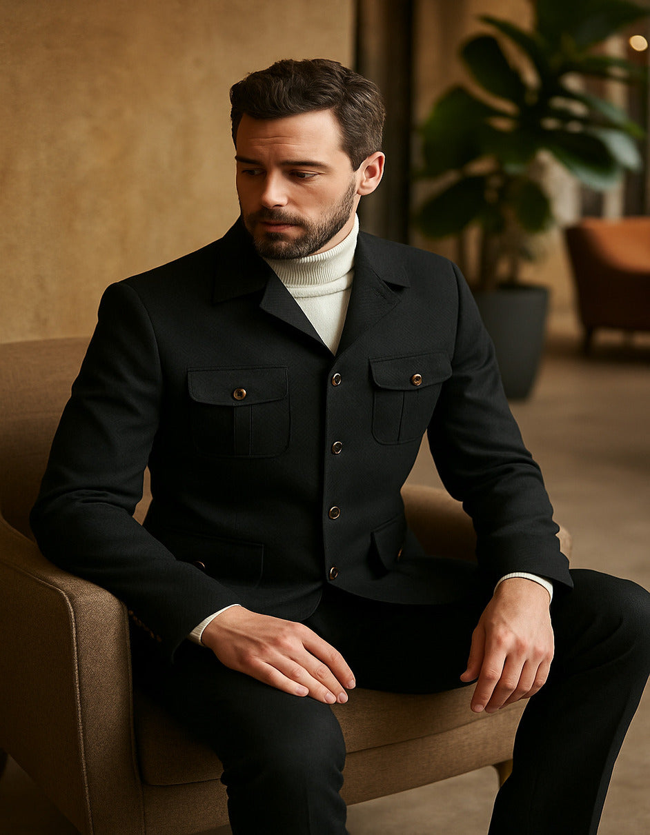 Black Safari Walking Suit for Men – Rossiman Utility Jacket and Trousers Set - Black