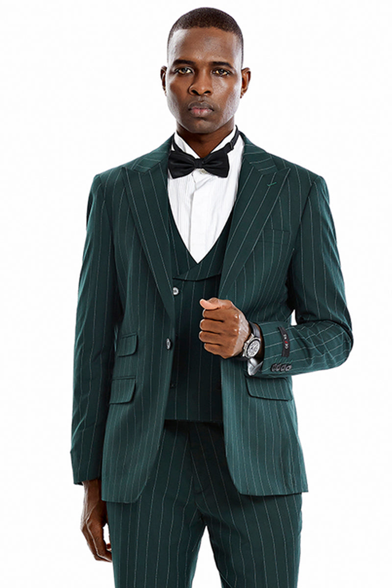 "Men's Pinstripe Suit - One Button Vested Wide Peak Lapel in Hunter Green" - 34 Short