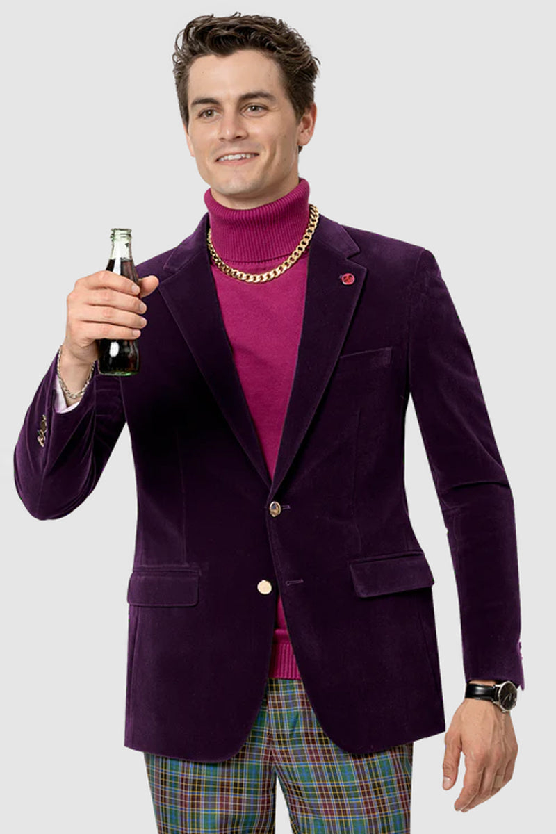 "Dark Purple Velvet Blazer for Men - Modern Fit Two Button Style"