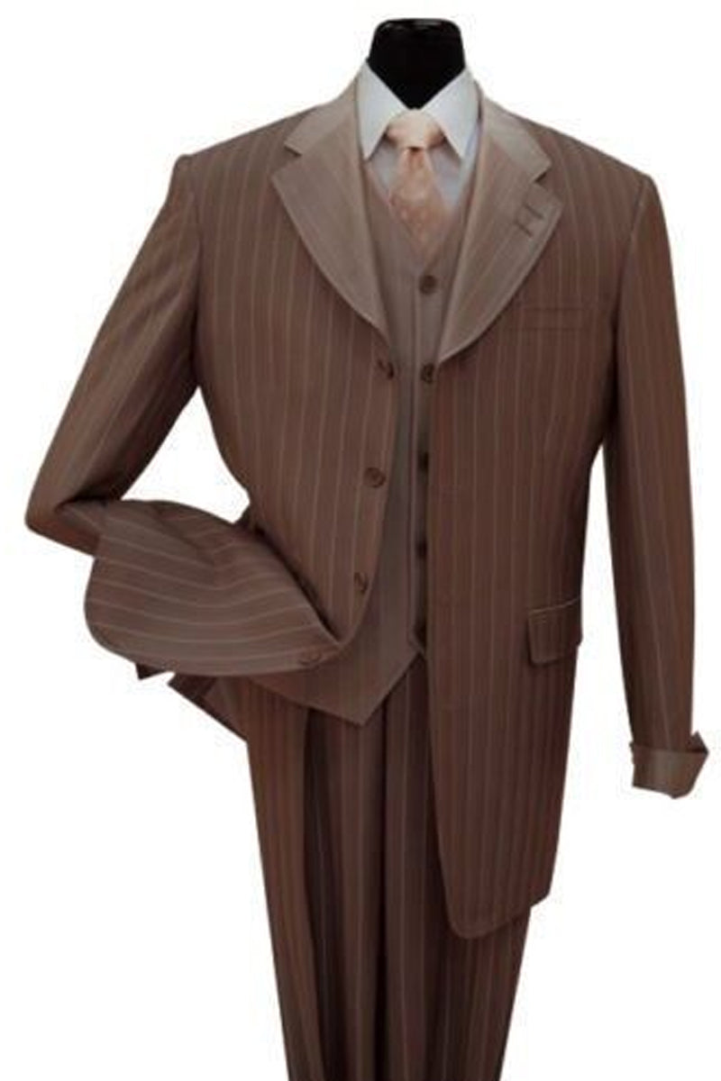 "Sharkskin Pinstripe Men's Zoot Suit with Vest - Brown Fashion" - 38 Long