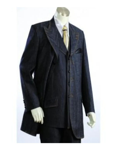 Accents Canto Men's 3 Piece Denim Suit Leather Accents Designer Finish