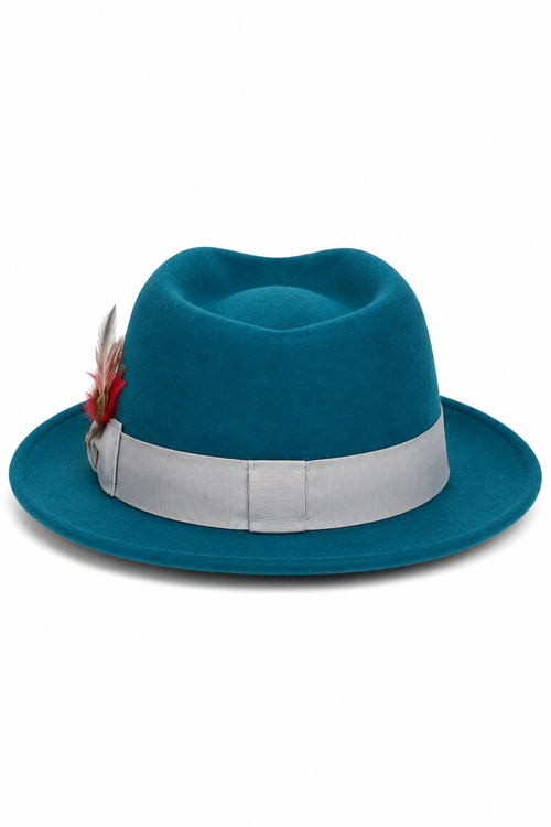 Gangster 100% Australian Wool Crushable Mens Fedora Hat - Removable Feather Gangster Look Brimmed Mens Fedora Hat