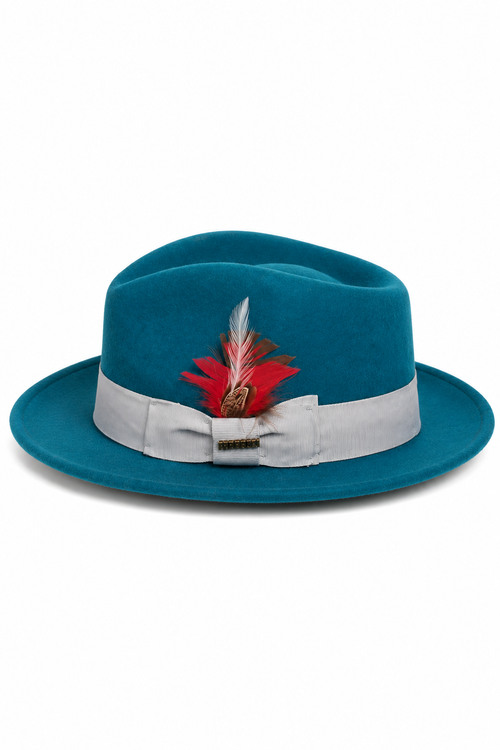 Gangster 100% Australian Wool Crushable Mens Fedora Hat - Removable Feather Gangster Look Brimmed Mens Fedora Hat