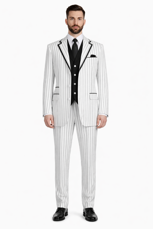 Cheap Priced Suit - Mens 3 Button Vested Barbershop Quartet Suin In White With Black Turquoise Pinstripes