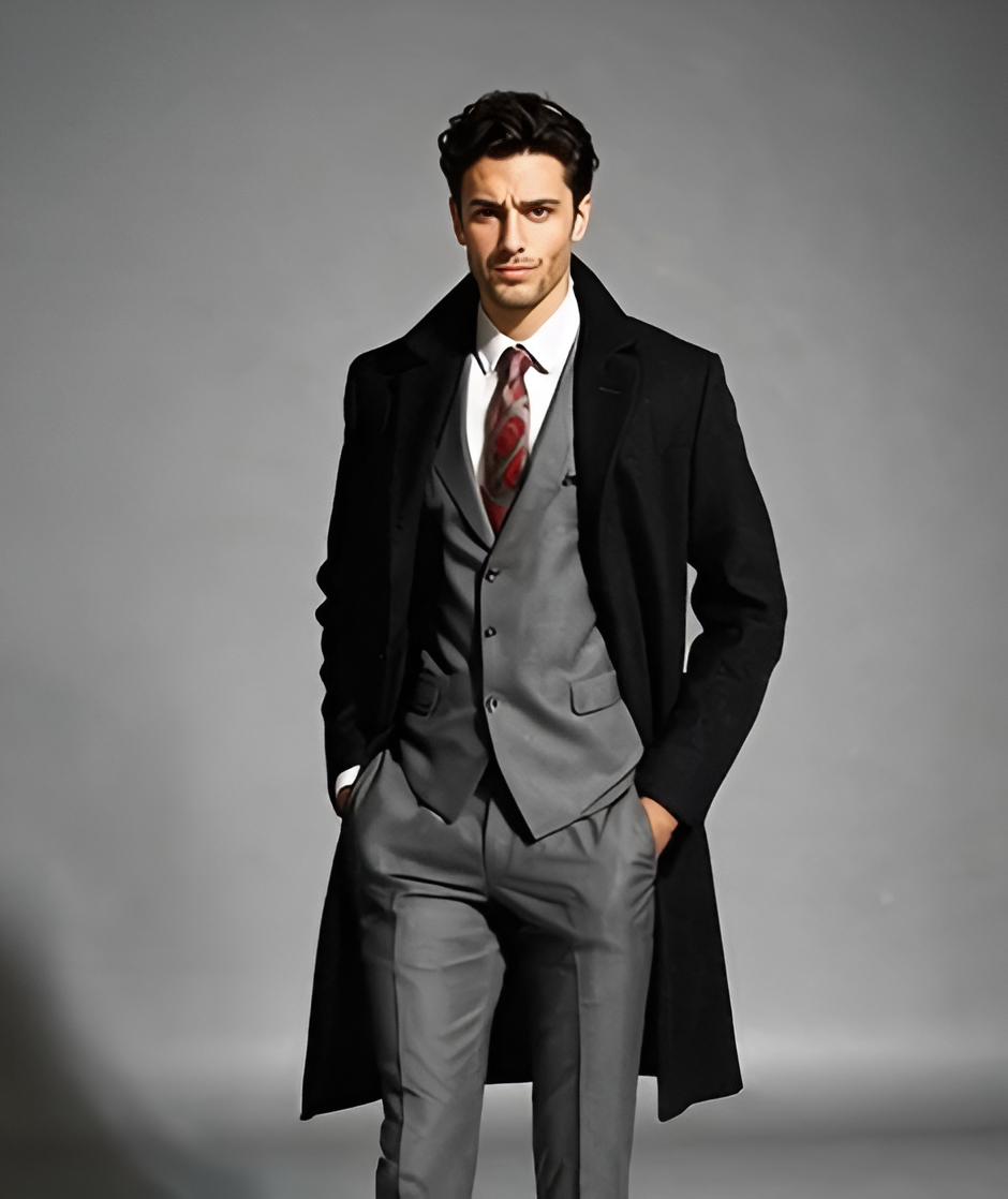 Men's Black Wool & Cashmere Overcoat – Classic Full Length Topcoat - Small