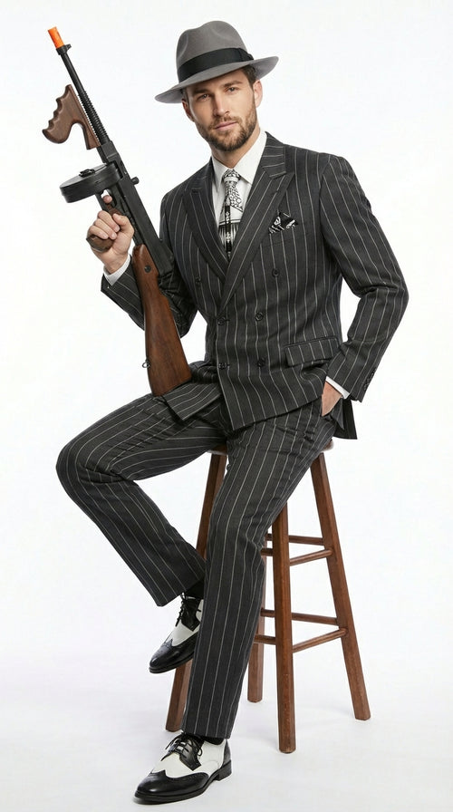 Mens Black Pinstripe AI Capone Suit β Vintage 1920s Gangster Style Three Piece Formal Suit
