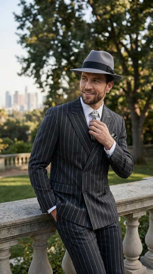 Mens Black Pinstripe AI Capone Suit β Vintage 1920s Gangster Style Three Piece Formal Suit