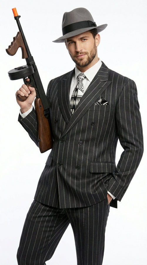 Mens Black Pinstripe AI Capone Suit β Vintage 1920s Gangster Style Three Piece Formal Suit