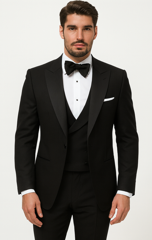 Alberto nardoni Peak lapel super 150s wool tuxedo with double breasted vest flat front pants 1 button style