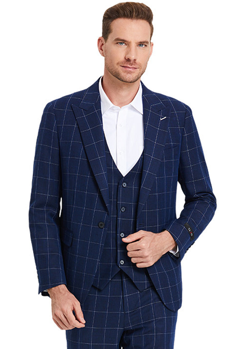 "Men's Navy Blue Windowpane Plaid Suit - One Button Peak Lapel Vested"