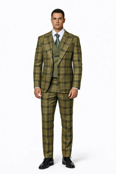 Statement Mens 3-Piece Plaid Wool Suit 100% Wool Modern Fit with Wide Peak Lapel