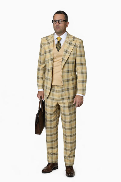 Statement Mens 3-Piece Plaid Wool Suit 100% Wool Modern Fit with Wide Peak Lapel