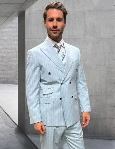 Statement Mens 2-Piece 100% Wool Double Breasted Pinstripe Suit