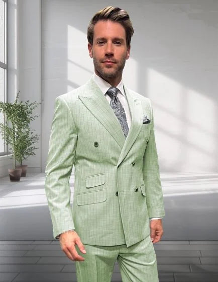 Statement Mens 2-Piece 100% Wool Double Breasted Pinstripe Suit