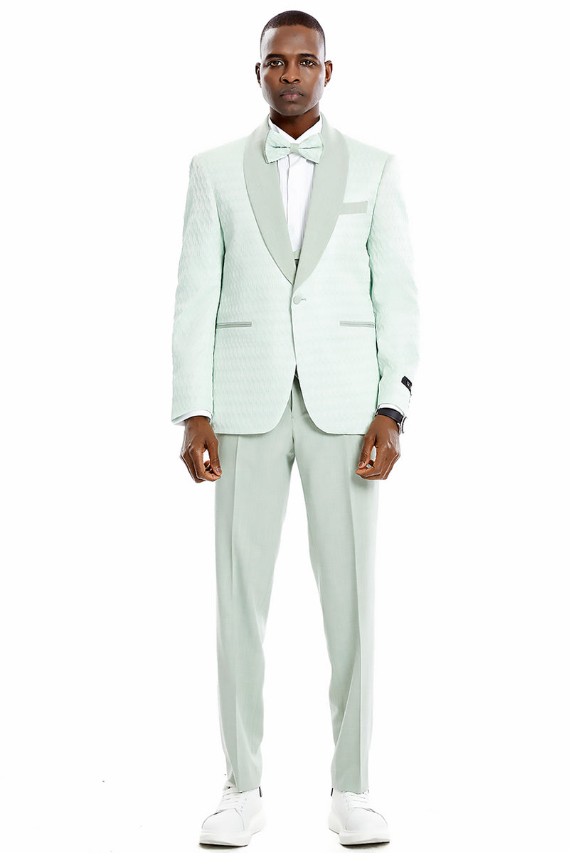 "Mint Green Men's Wedding Tuxedo - One Button Vested Honeycomb Lace Design" - 34 Short