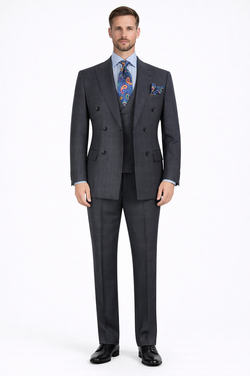 Apollo King Men's Outlet 3 Piece 100% Wool Suit Fashion Windowpane-New Designer Collection