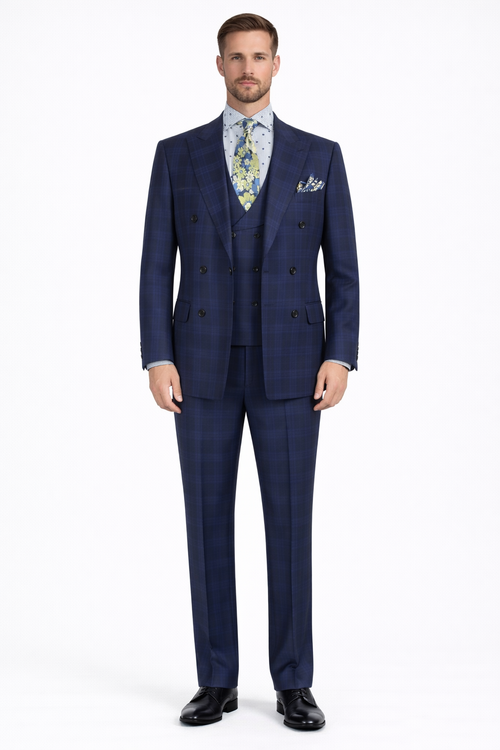 Apollo King Men's Outlet 3 Piece 100% Wool Suit Fashion Windowpane-New Designer Collection