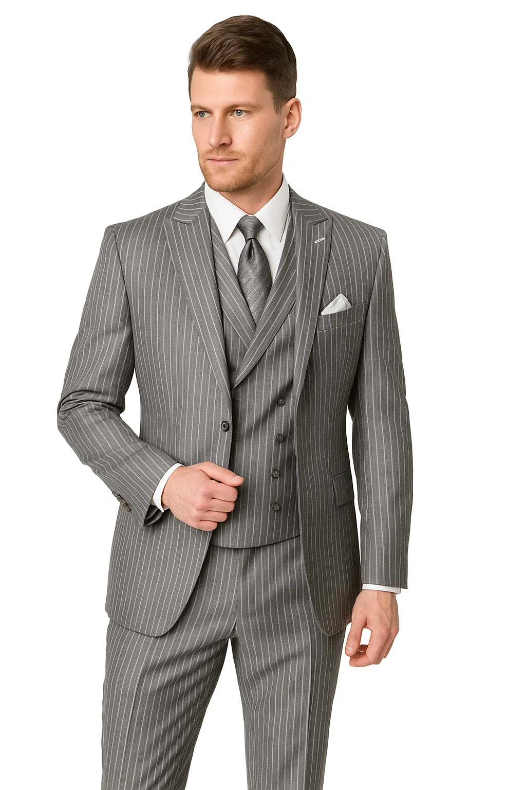 Mens Gangster Pinstripe 2 Button Double Breasted Vest Suit - 38 Short Jacket+32 Waist Adjustable 28to34)(Height: 5 4 to5 7 )(Neck 15-16.5)S-M)
