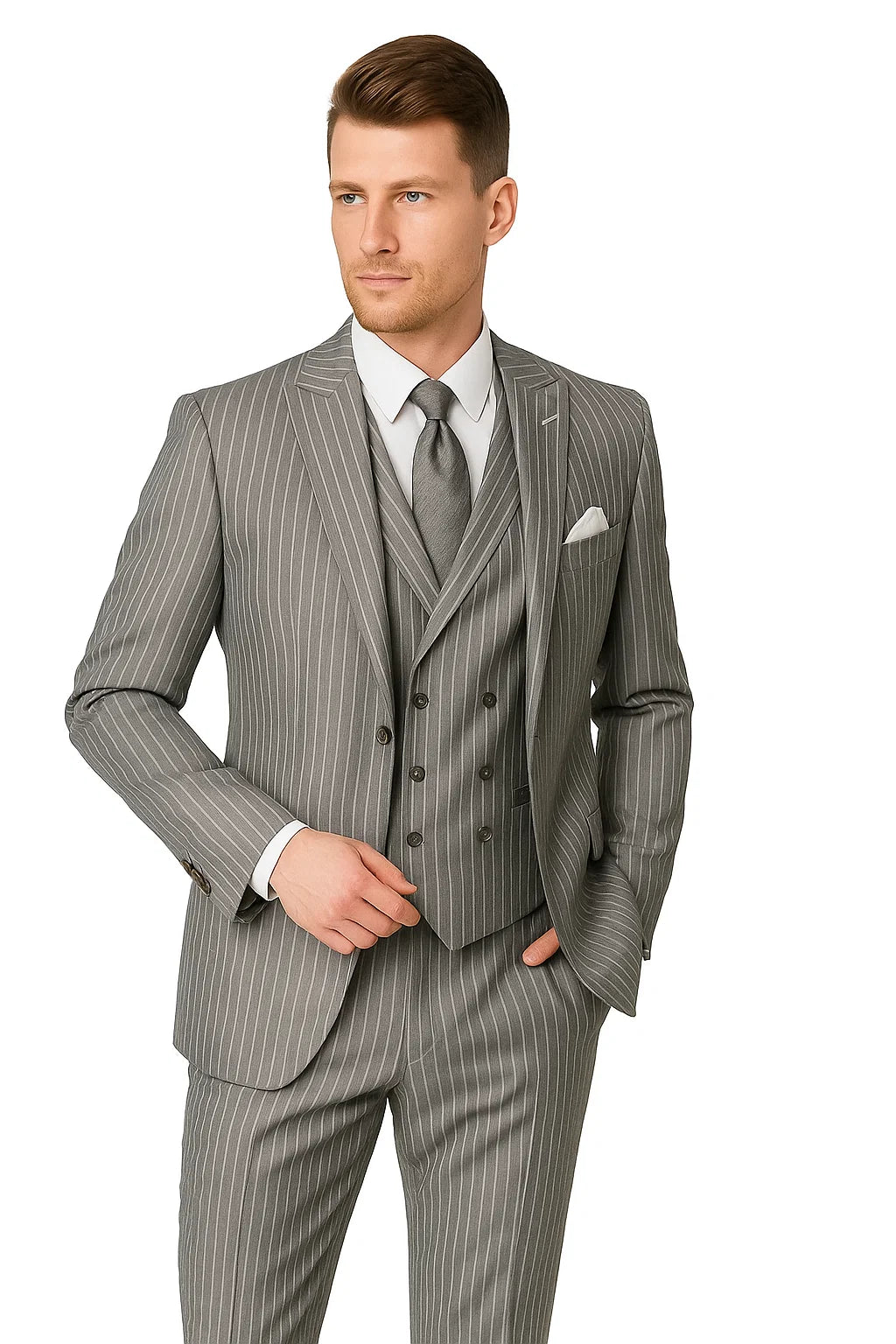 Mens Gangster Pinstripe 2 Button Double Breasted Vest Suit - 38 Short Jacket+32 Waist Adjustable 28to34)(Height: 5 4 to5 7 )(Neck 15-16.5)S-M)