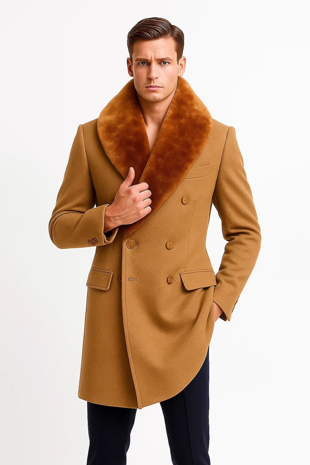 Mens Camel Peacoat - Wool Camel Peacoat - Coat Size 38