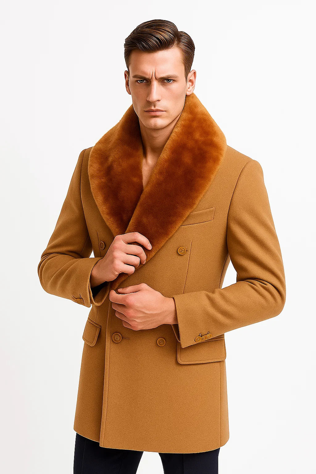 Mens Camel Peacoat - Wool Camel Peacoat - Coat Size 38