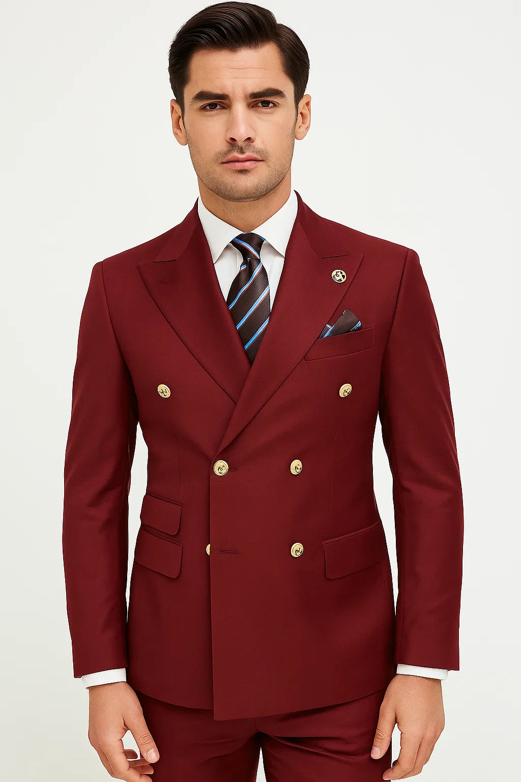 Mens Double breasted Suit - "Burgundy" 1920s 1980s Style Peak Lapel Suits - Back Side Vented Mens Designer Modern Fit Double Breasted Wool Feel - Designer Brand Gold Buttons in Light Burgundy - 36 Regular