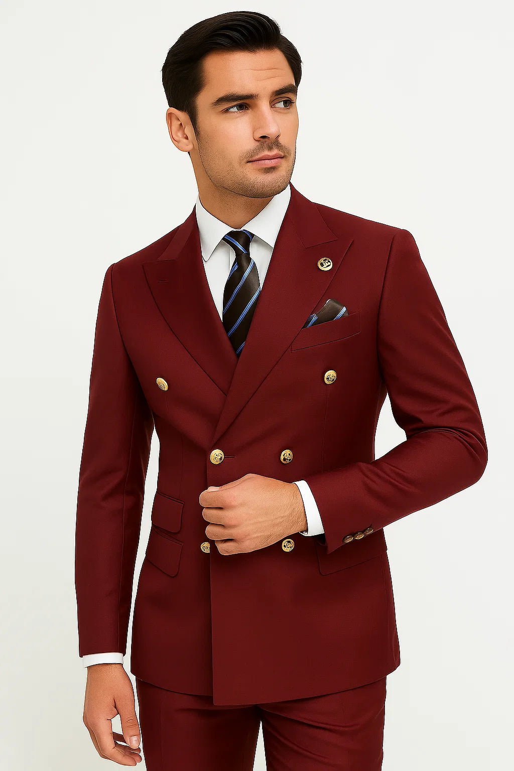 Mens Double breasted Suit - "Burgundy" 1920s 1980s Style Peak Lapel Suits - Back Side Vented Mens Designer Modern Fit Double Breasted Wool Feel - Designer Brand Gold Buttons in Light Burgundy - 36 Regular