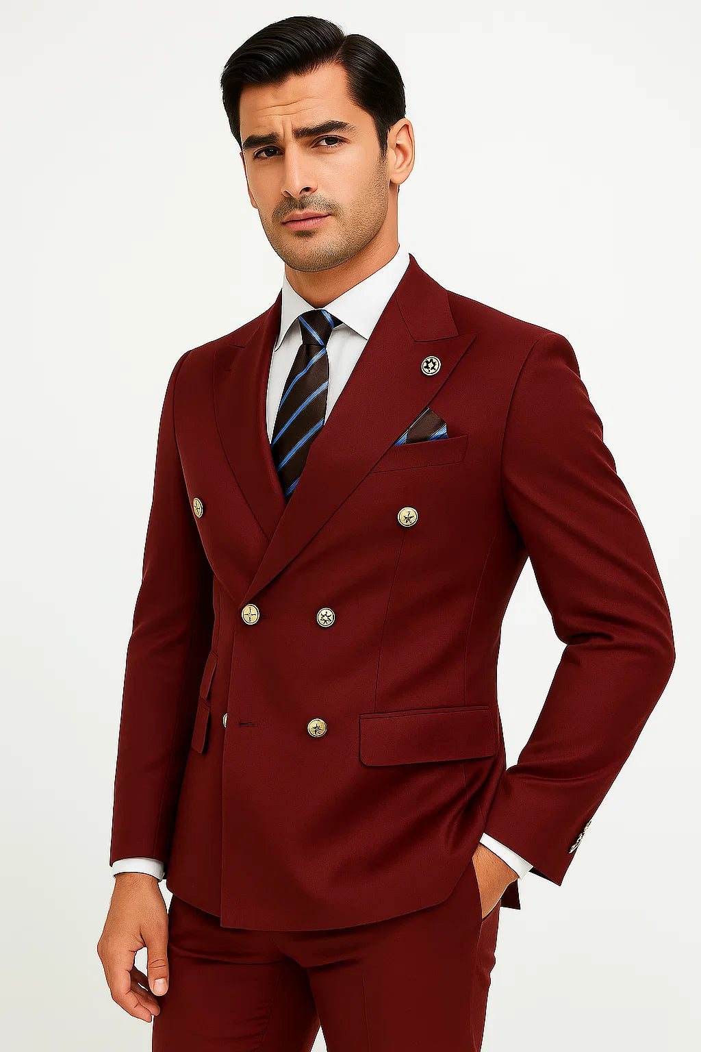 Mens Double breasted Suit - "Burgundy" 1920s 1980s Style Peak Lapel Suits - Back Side Vented Mens Designer Modern Fit Double Breasted Wool Feel - Designer Brand Gold Buttons in Light Burgundy - 36 Regular
