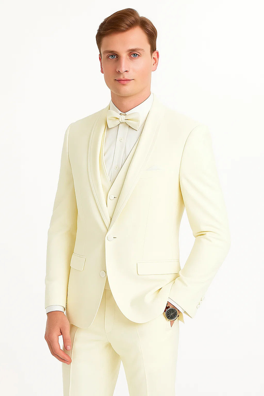 "Mens One Button Satin Trim Shawl Tuxedo Suit in Ivory Wool" - 34 Short