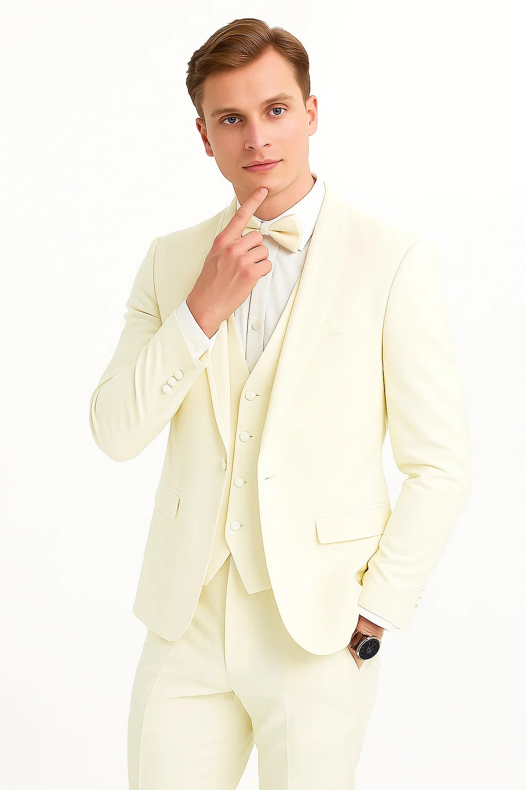 "Mens One Button Satin Trim Shawl Tuxedo Suit in Ivory Wool" - 34 Short