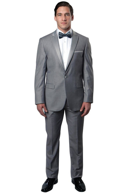 Grey Men's Slim Fit Tuxedo - One Button, Satin Trim, Peak Lapel for Prom 2026 & Wedding
