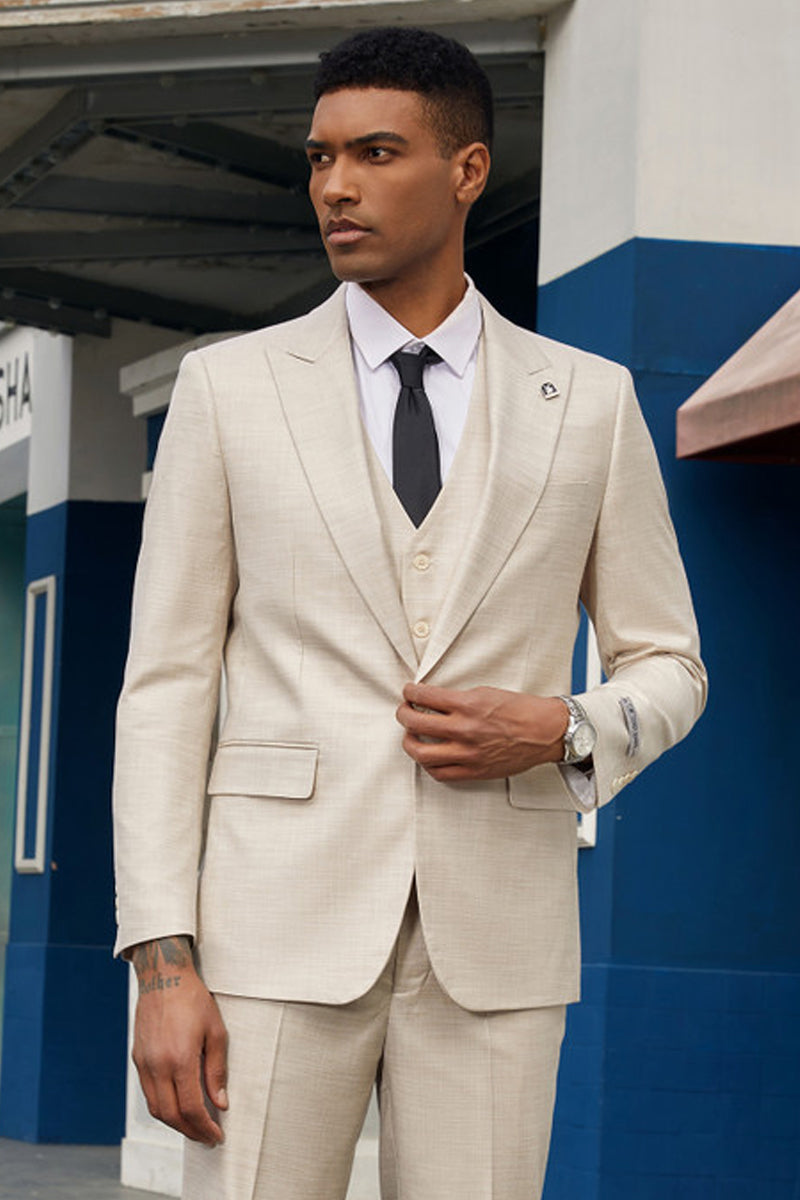 "Mens Stacy Adams Suit - Stacy Adams Suit Men's Summer Suit - Vested Peak Lapel in Light Tan" - 34 Short