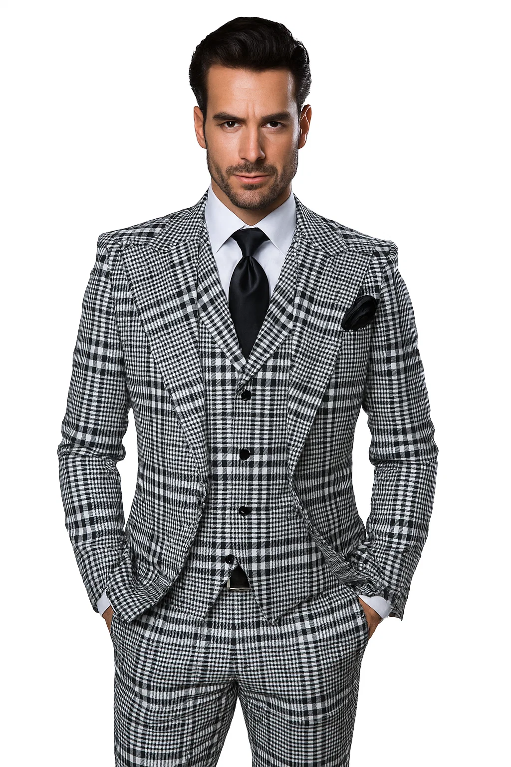 Suits With Baggy Pleated Pants - Wide Leg Pants 100% Wool - Classic Fit in One Button 3 Piece Suit by Rossiman - 38 Regular
