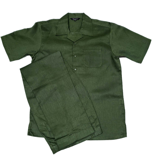 Mens Hunter Green Linen Shirt and Pants Casual Outfit Set