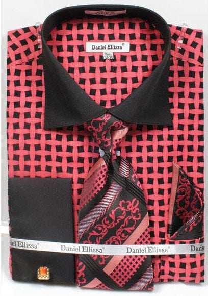 Daniel Ellissa Bright Net Pattern Two Tone Black/Salmon ~ Coral Color French Cuff Big And Tall Sizes Black Collar Two Toned Contrast 18 19 20 21 22 Inch Neck Men's Dress Shirt - 20.5" Neck/36-37" Sleeve