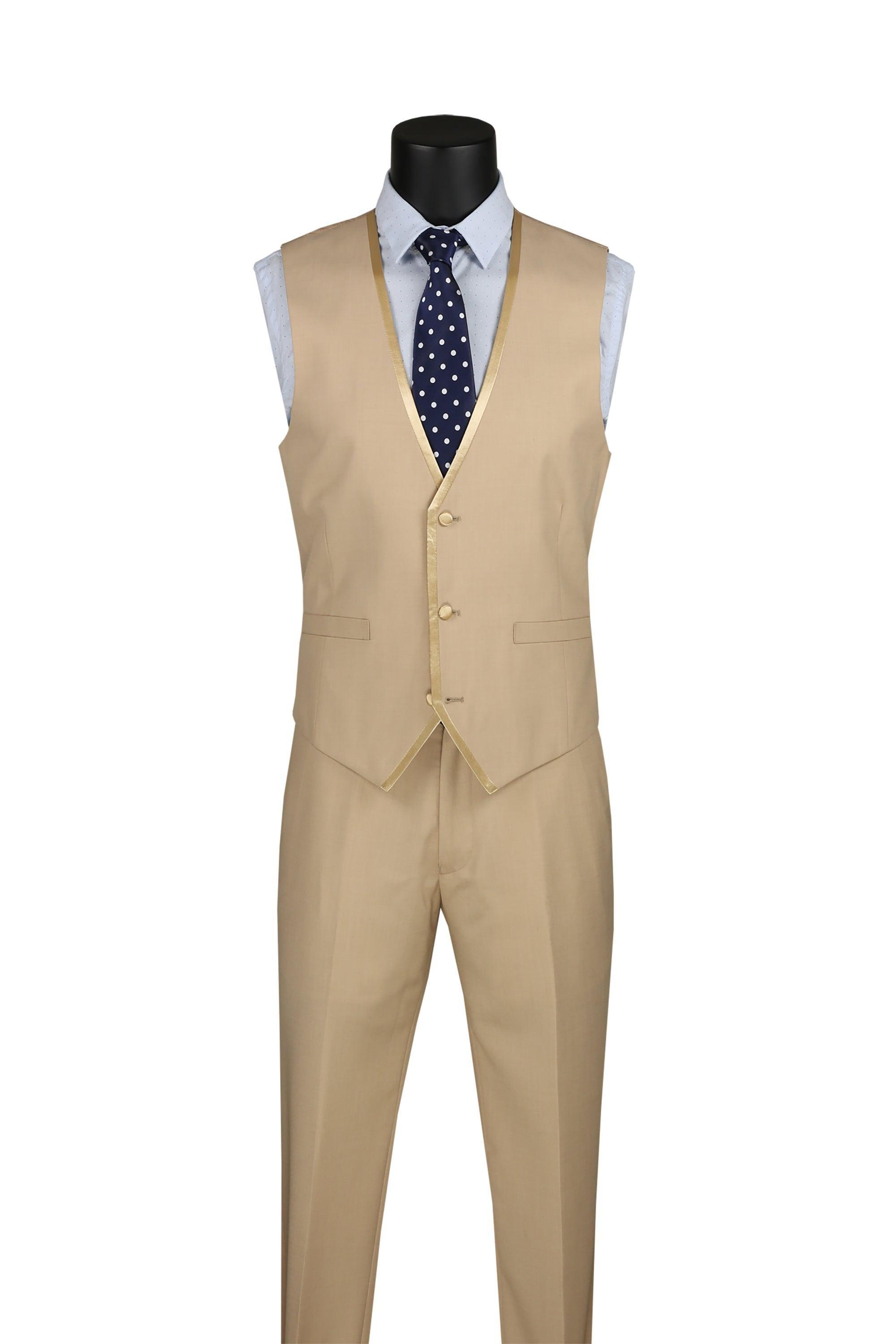 Beige Trimmed Lapel Slim Fit 3 Piece Suit - 36 Short - 30 Waist
