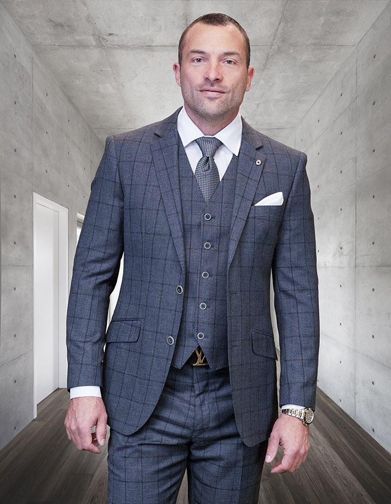 Modern Men's Windowpane Wool Suit  3 Piece 100% Wool Fashionable Fit - 38 Short Jacket+32 Waist Adjustable 28to34)(Height: 5 4 to5 7 )(Neck  15-16.5)S-M)