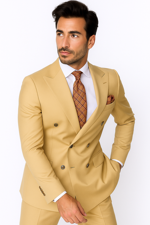Best Mens Designer Modern Fit Double Breasted Wool Suit with Gold Buttons in Camel - For Men Fashion Perfect For Wedding or Prom 2026 or Business or Church - New Arrival