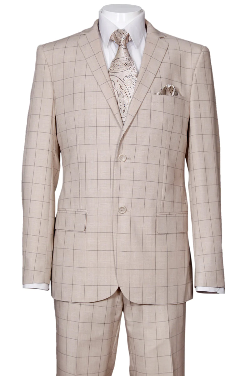 "Modern Fit Men's Windowpane Plaid Suit - 2 Button Tan Design" - 38 Long